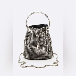 Grey Rhinestone Covered Bucket Swing Handle Handbag Purse
